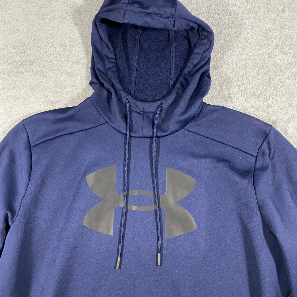 Under Armour Hoodie Mens Medium Navy Blue Excellent Fleece Logo Sweatshirt‎